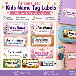 Puede incluir: Una colección de etiquetas rectangulares personalizadas con nombres para niños que presentan varias ilustraciones coloridas como unicornios, gatitos, dinosaurios y vehículos de construcción. Las etiquetas muestran los nombres Amra Hassan o Alman Hassan.