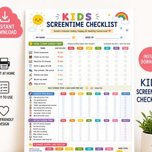 May include: A colourful printable kids' screen time checklist. It features sections for earning screen time, screen time rules, and a tracker. The text includes "Instant Download" and "Printable PDF". Measurements are in cm.