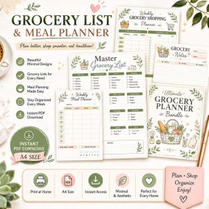 May include: A collection of printable grocery list and meal planner templates. The designs include a master grocery list, weekly meal planner, grocery shopping planner, and grocery notes. The bundle is labeled as an instant PDF download, A4 size, with a minimal and aesthetic design.
