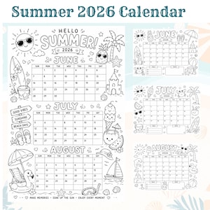 Può includere: Calendario estivo in bianco e nero per il 2026. Include i mesi di giugno, luglio e agosto, ognuno con illustrazioni estive. Il design include un sole, elementi da spiaggia e la scritta "Hello Summer!"