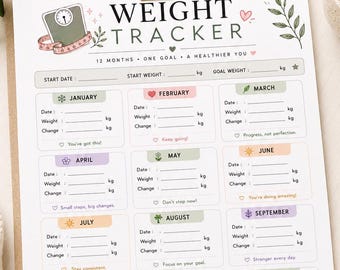 May include: A weight tracker on a clipboard with a gold clip, featuring a 12-month calendar layout. The design includes space to record weight and changes, with encouraging phrases and a summary section. A pen and a cup of coffee are on the side.