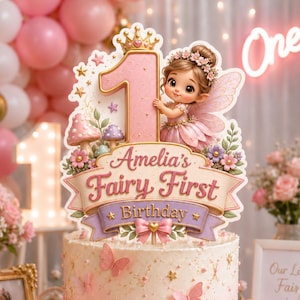 Personalized Fairy First Birthday Cake Topper, Custom Name Pink Gold Cake Topper for Girl's 1st Birthday celebrations (Digital Download)