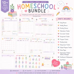 Puede incluir: Un paquete de Homeschool con planificadores, rastreadores y más. Incluye un planificador diario, planificador semanal, planificador mensual, rastreador de asistencia, rastreador de currículo, rastreador de tareas, rastreador de progreso y más. El paquete es imprimible.