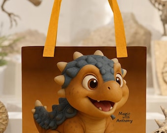 Tiny Treasures Dinosaur Tote Bag, Kids Carryall, Black or Yellow Handles