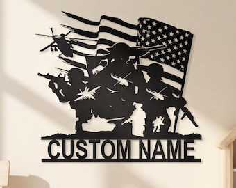 Militaire helikopterkunst aan de muur, teken Amerikaanse vlag soldaat, decor man grot, patriottisch metalen decor, aangepaste naam cadeau, kunst aan de muur veteraan leger