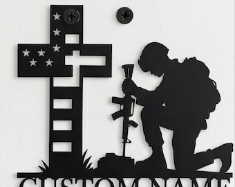 Art mural en métal personnalisé soldat, nom de famille personnalisé, décoration des cavernes homme garage atelier patriotique, cadeaux de retraite militaire pour lui