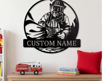 Placa personalizada com o nome do bombeiro, arte de parede personalizada para bombeiros, presente para bombeiro, decoração de metal para quartel ou escritório em casa.