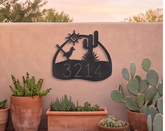 Op maat gemaakt metalen adresbord voor buiten, huisnummerbord met vogel en cactus in Zuidwestelijke stijl, stalen nummerbord, gepoedercoat decor