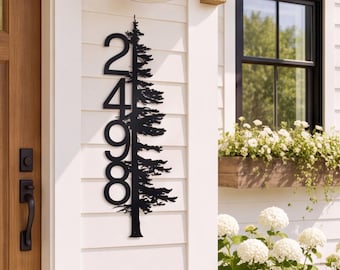 Personalized Metal Address Plaque, Custom House Numbers Sign,outdoor signs, rustic address sign, pine tree design