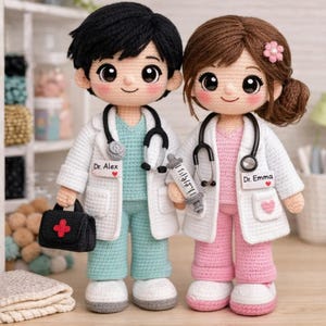 Pode incluir: Duas bonecas de médico de crochê, uma masculina e outra feminina, estão lado a lado. A boneca masculina usa um jaleco branco e um uniforme verde-azulado, e carrega uma bolsa preta. A boneca feminina usa um jaleco branco e um uniforme rosa e segura uma seringa. Ambos têm estetoscópios.