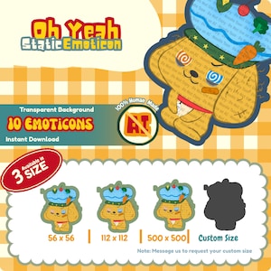 Puede incluir: Gráfico digital con un perro de dibujos animados que lleva un sombrero azul con una zanahoria y hojas verdes. La imagen incluye el texto "Oh Yeah Static Emoticon", "Transparent Background", "10 Emoticons" y opciones de tamaño.