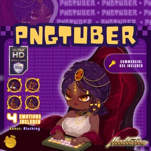 May include: A digital illustration of a character with dark skin and purple hair wearing a headpiece with an amber gem, sitting at a keyboard. The image features the text PNGTUBER, 4 EMOTIONS INCLUDED, and COMMERCIAL USE INCLUDED, with four small circular icons showing different facial expressions.