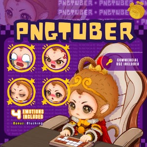 May include: A digital illustration of a monkey character sitting at a desk with a keyboard, featuring the text PNGTUBER. Four circular icons display different facial expressions including crying, angry, tired, and blushing, with a commercial use key icon.