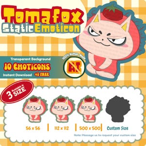 May include: A digital graphic of a cartoon Tomafox character, a red fox with a tomato on its head. The image includes the text "Tomafox Static Emoticon," "10 Emoticons," and size options: 56 x 56, 112 x 112, and 500 x 500 pixels. The sizes are also shown in pixels.