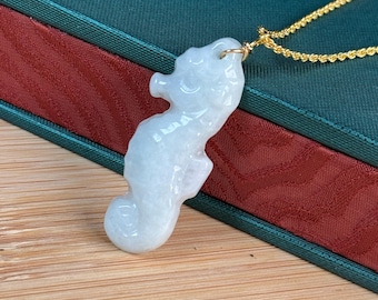 Custom Natural Burma jadeite sea horse pendant white jadeite jade necklace with gold plated chain