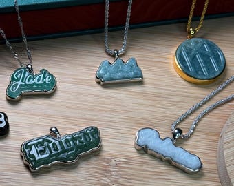Special Jadeite Nameplate with Gold plated wrap logo pendant Silver Bail Purple Burma jade Alphabet Charms letter Signature Necklace Jewelry