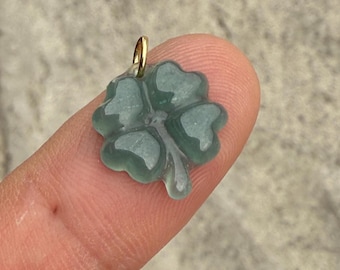Transparent Blue jadeite clover beads Guatemala jade flower pendant with 14K gold plated ring