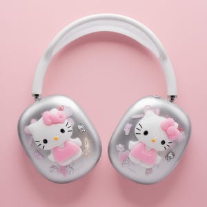 Può includere: Cuffie argentate con archetto bianco e padiglioni con design Hello Kitty. Ogni padiglione presenta un personaggio Hello Kitty 3D con abito e fiocco rosa. Lo sfondo è rosa pieno.