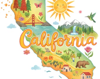 Stampa artistica della mappa della California, stampa murale illustrata colorata della California, decorazione dello Stato d'Oro, poster di viaggio sulla costa occidentale, stampa artistica