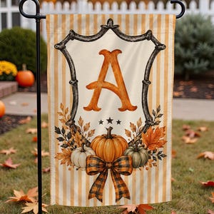 Personalized Monogram Fall Silk Garden Flag, Happy Halloween Pumpkin Plaid Autumn Yard Decor