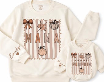 Mama and Mamas Pumpkin Matching Set, Personalized Neutral Fall Mommy and Me Sweatshirt Size NB - 2XL