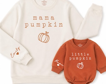 Mama Pumpkin Sweatshirt and Little Pumpkin Baby Romper Set: Matching Fall Outfit Size NB - 2XL