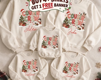 Cousin Crew Christmas Sweatshirt Matching Family Custom Name, Buy 4 Item Get 1 Free Banner 40x30 inch