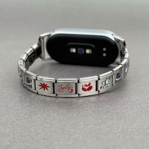 Italian Modular Charm Bracelet,Red Enamel Cartoon Smartwatch Band,Customizable Titanium Strap,Stackable Link Jewelry,Personalized Accessory