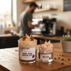 May include: Two glass candles with a whipped cream-like topping and chocolate accents. The candles are labeled "MORE THAN CHOCOLATE!" and "MILK CHOCOLATE." The candles sit on a wooden surface, with coffee beans scattered around.