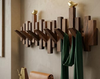 Solid Walnut Piano Coat Rack, Space Saving Magnetic Hook Wall Rack, Brass Bird Accents Solid Rustic Farmhouse Decor Coat Hat Towel Storage
