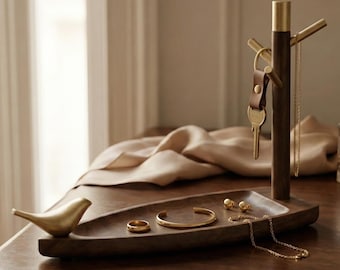 Handcrafted Black Walnut Brass Jewelry Organizer – Sculptural Bird & Branch Design Handmade Vanity Entryway Tray