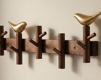 Solid One-Piece Walnut & Brass Bird Wall Rack | Handcrafted Luxury Coat Hanger | Unique Wood Grain Art Decor | Mid-Century Modern Entryway