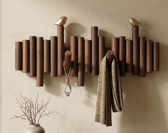Solid Walnut Coat Rack, Retractable Pine Wood Hooks, Brass Bird Accents Solid