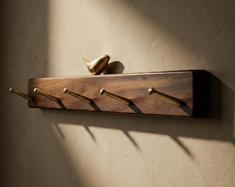 Black Walnut Wall Hook Rack | Brass Bird Perch, Modern Entryway