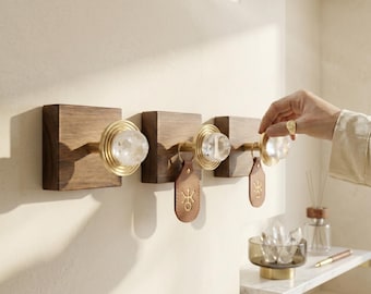 Clear Crystal Wall Hook | Black Walnut Wood & Solid Brass | Luxury Wall Peg | Healing Crystal Hanger Entryway Decor | Handmade Gift