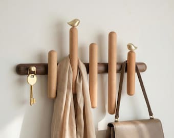 Walnut & Beech Wood Coat Rack with Brass Birds | Mid-Century Modern Entryway Organizer