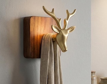 Luxury Walnut Wood & Brass Wall Hooks | Vintage Gold Dragonfly Rose Deer Hangers | Mid-Century Modern   | Handcrafted Coat Organizer