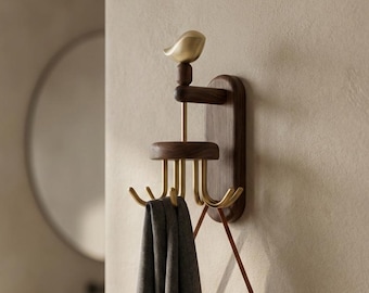 Solid Walnut Coat Rack with Hooks & Brass Birds | Rotating Entryway Organizer