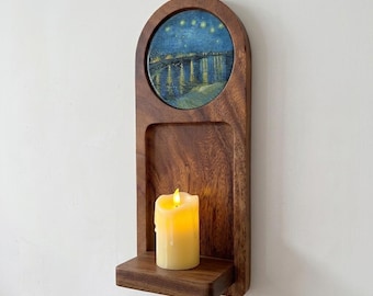 Walnut Arch Floating Shelf, Van Gogh Art Wall Decor, Small Space Entryway Key Organizer, Dark Academia Decor, Eclectic Wood Sconce Tray
