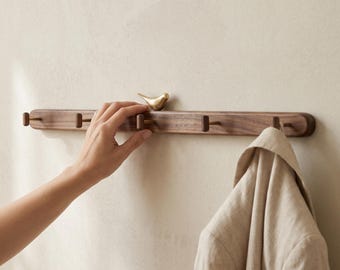 Solid Walnut Coat Rack with Brass Bird | Mid Century Modern Wall Hook | Minimalist Wood Peg Rack