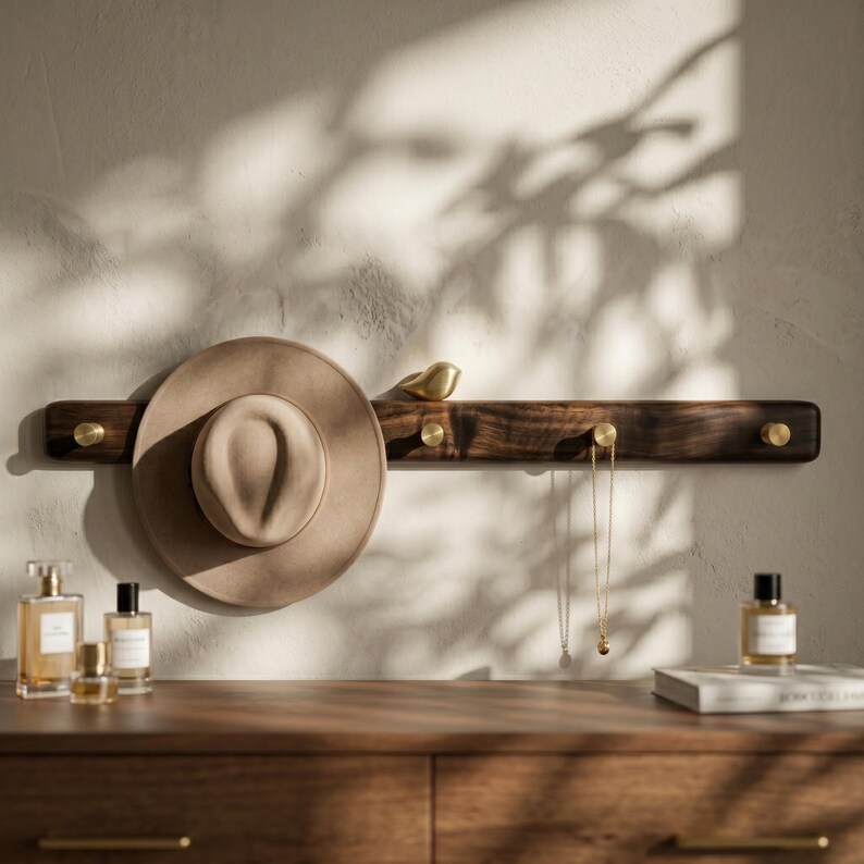 May include: A dark wood wall-mounted rack featuring four small gold-toned cylindrical hooks and a decorative gold bird figurine. A tan felt hat hangs on the left hook, and a thin gold chain necklace hangs from the third hook from the left.