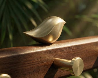 Solid Walnut Coat Rack with Hooks & Brass Birds | Customizable Entryway Hanger Entryway Organizer
