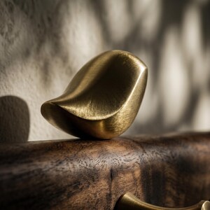 May include: A brushed brass bird-shaped decorative object with a smooth, metallic finish. The bird figure is perched atop a dark, textured wooden surface that features visible wood grain patterns and a warm, natural brown tone.
