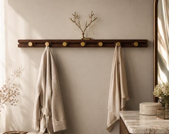 Solid Walnut Sliding Hook Rack | Hammered Brass Antler Jewelry Holder | Mid Century Entryway Organizer | Luxury Coat Rack Wall Mount