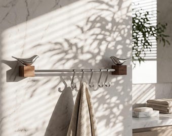 Solid Walnut & Stainless Steel Entryway Organizer | Bauhaus Inspired Wall Mounted Coat Rack |  Sculptural Bird Wall Decor