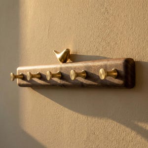 May include: A wooden coat rack with six brass hooks and a small brass bird figurine on top. The rack is mounted on a beige wall, and the design is minimalist and modern.