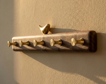 Solid Walnut Coat Rack with Hooks & Brass Birds | Customizable Entryway Hanger Entryway Organizer