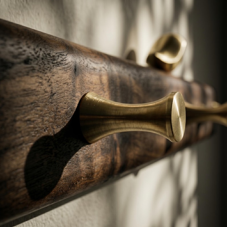 May include: A wall-mounted coat rack featuring a dark brown, natural-grain wooden base with a horizontal orientation. The rack is equipped with multiple protruding, cylindrical brass hooks that have a smooth, brushed metallic finish.