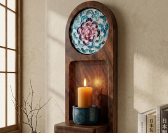 Solid Black Walnut Wall Sconce | Mother of Pearl Inlay Arched Shelf | Japandi Wood Candle Holder | Art Deco Wall Art | Luxury Artisan Gift