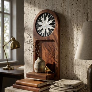May include: A wooden wall shelf with a decorative circular inlay featuring a white and black floral design. The shelf holds a small vase with a branch, a gold bird figurine, and a lower shelf with books.